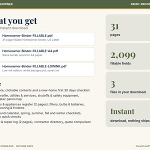 May include: A digital homeowner binder set featuring three PDF files including a 31-page fillable US Letter version, an A4 version, and a low-ink edition. The document includes 2,099 fillable fields, checklists, calendars, and logs.