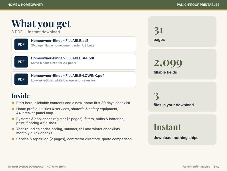 May include: A digital homeowner binder set featuring three PDF files including a 31-page fillable US Letter version, an A4 version, and a low-ink edition. The document includes 2,099 fillable fields, checklists, calendars, and logs.