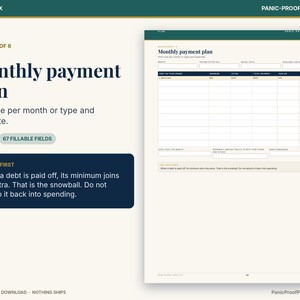 May include: A digital monthly payment plan worksheet with a dark green header and cream background. The text reads Monthly payment plan, 67 fillable fields, and includes instructions on the debt snowball method for tracking financial payments.