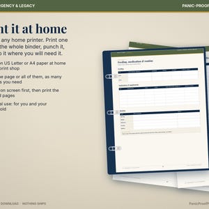 May include: A digital printable document titled Family Emergency & Legacy Panic-Proof Printables. The page features a Feeding, medication & routine chart with sections for feeding, medications, and daily routines, held in a dark blue binder.