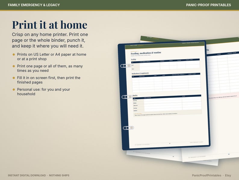 May include: A digital printable document titled Family Emergency & Legacy Panic-Proof Printables. The page features a Feeding, medication & routine chart with sections for feeding, medications, and daily routines, held in a dark blue binder.