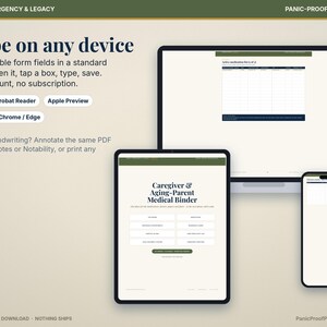 May include: A digital Caregiver & Aging-Parent Medical Binder displayed on a laptop, tablet, and smartphone. The screen shows fillable PDF form fields with text including Type on any device, Adobe Acrobat Reader, Apple Preview, Xodo, and Chrome/Edge.