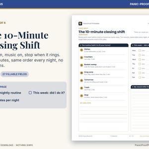 May include: A printable document titled The 10-Minute Closing Shift featuring a structured routine checklist with seven numbered steps, a weekly tracker for daily completion, and a section for rewards, designed for household organization.