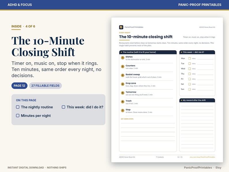 May include: A printable document titled The 10-Minute Closing Shift featuring a structured routine checklist with seven numbered steps, a weekly tracker for daily completion, and a section for rewards, designed for household organization.