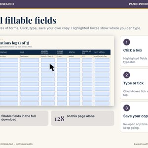 May include: A digital job application log worksheet with fillable fields, featuring a dark blue header row and light blue input boxes. The layout includes instructions for clicking, typing, and saving, with text indicating 625 total fillable fields.