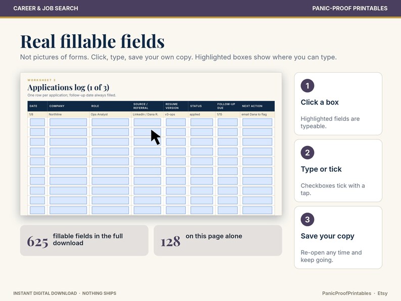 May include: A digital job application log worksheet with fillable fields, featuring a dark blue header row and light blue input boxes. The layout includes instructions for clicking, typing, and saving, with text indicating 625 total fillable fields.