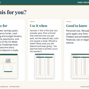May include: A digital savings challenge guide titled Is this for you? featuring three sections: Made for, Use it when, and Good to know. It includes text instructions and three small preview images of a 52-Week Savings Challenge printable tracker.