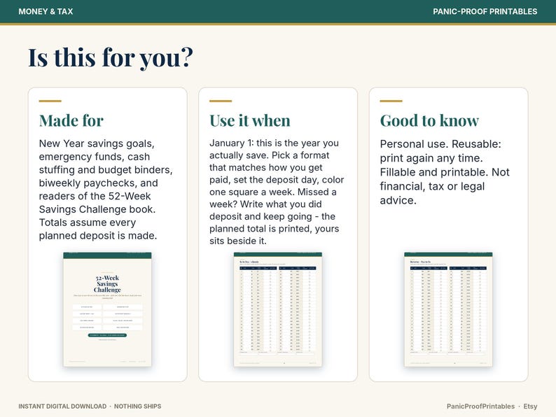 May include: A digital savings challenge guide titled Is this for you? featuring three sections: Made for, Use it when, and Good to know. It includes text instructions and three small preview images of a 52-Week Savings Challenge printable tracker.