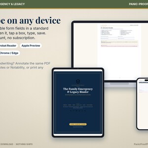 Może przedstawiać: Dokument cyfrowy zatytułowany The Family Emergency & Legacy Binder wyświetlony na laptopie, tablecie i smartfonie. Tekst zawiera napisy Type on any device, Adobe Acrobat Reader, Apple Preview, Xodo, Chrome/Edge oraz Panic-Proof Printables.