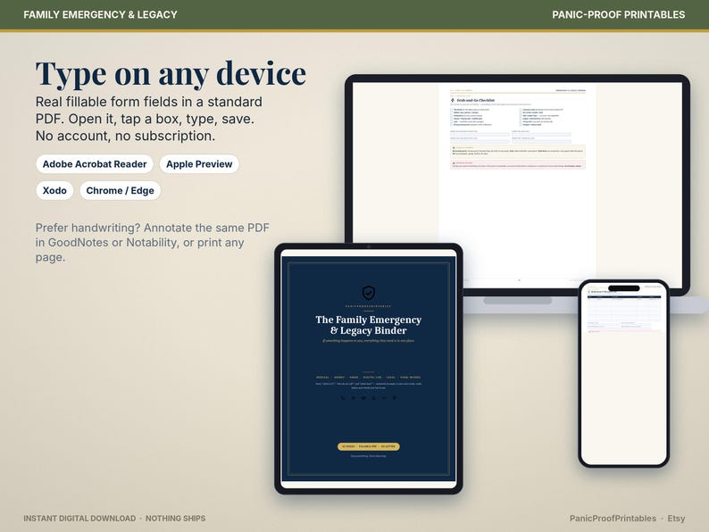 Może przedstawiać: Dokument cyfrowy zatytułowany The Family Emergency & Legacy Binder wyświetlony na laptopie, tablecie i smartfonie. Tekst zawiera napisy Type on any device, Adobe Acrobat Reader, Apple Preview, Xodo, Chrome/Edge oraz Panic-Proof Printables.