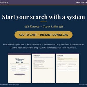 May include: A digital ATS Resume and Cover Letter Kit featuring a dark blue background with gold accents. The text reads Start your search with a system, ATS Resume + Cover Letter Kit, ADD TO CART, and INSTANT DOWNLOAD, with three document previews.