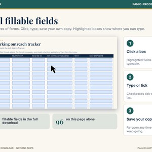 May include: A digital networking outreach tracker worksheet with fillable fields. The layout includes columns for name, relationship, reached on, ask intro, reply, and next step. Instructions for clicking, typing, and saving are displayed alongside.