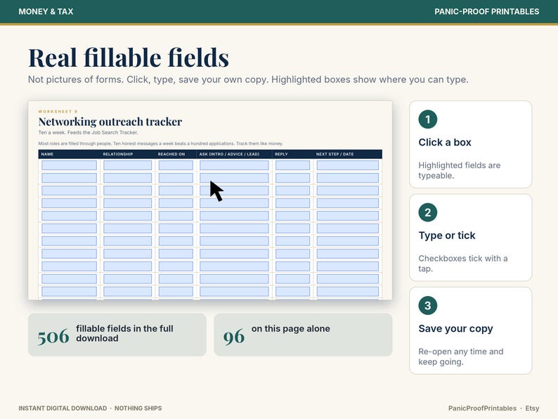 May include: A digital networking outreach tracker worksheet with fillable fields. The layout includes columns for name, relationship, reached on, ask intro, reply, and next step. Instructions for clicking, typing, and saving are displayed alongside.