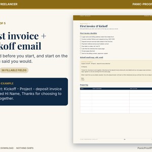 May include: A digital printable document titled First invoice + kickoff email, featuring a checklist, a worked example email template, and a project log table. The layout uses dark blue and gold accents on a white background with 36 fillable fields.