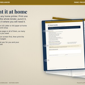 May include: A digital printable document titled Pre-kickoff checklist with a dark blue border and three-hole punch marks. The text Print it at home and Panic-Proof Printables is visible alongside bullet points explaining printing options.