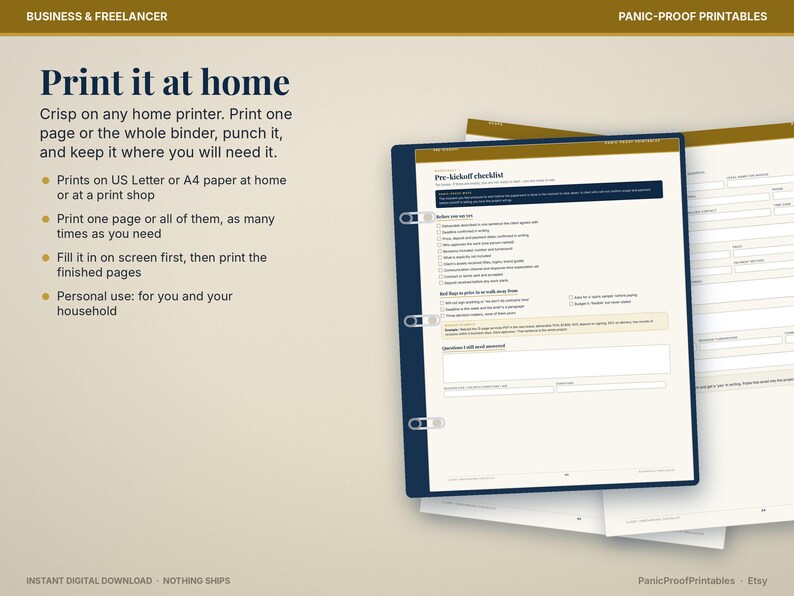 May include: A digital printable document titled Pre-kickoff checklist with a dark blue border and three-hole punch marks. The text Print it at home and Panic-Proof Printables is visible alongside bullet points explaining printing options.
