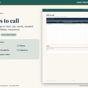 May include: A digital printable worksheet titled Bills to call, featuring fields for mortgage, rent, car, cards, student loans, utilities, and insurance. The page includes a table for contact details, phone numbers, payment plans, and reference numbers.