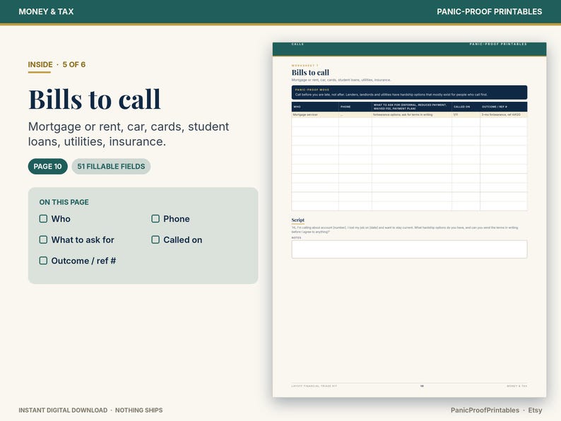 May include: A digital printable worksheet titled Bills to call, featuring fields for mortgage, rent, car, cards, student loans, utilities, and insurance. The page includes a table for contact details, phone numbers, payment plans, and reference numbers.