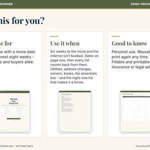 May include: A digital moving planner titled Moving Day Panic Kit with three sections: Made for, Use it when, and Good to know. The document includes checklists for utilities, address changes, movers, and boxes, designed for renters and buyers.