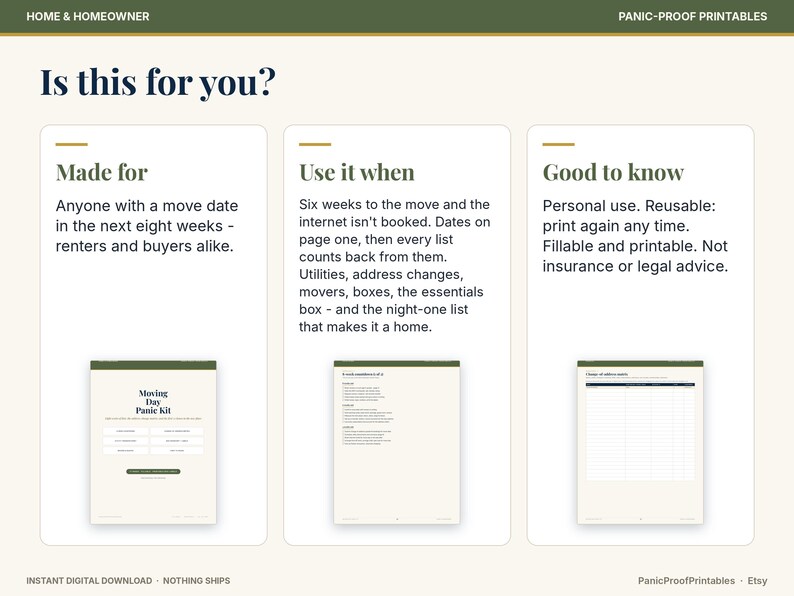 May include: A digital moving planner titled Moving Day Panic Kit with three sections: Made for, Use it when, and Good to know. The document includes checklists for utilities, address changes, movers, and boxes, designed for renters and buyers.