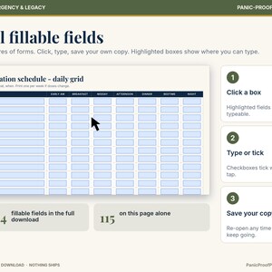 May include: A digital medication schedule daily grid form with fillable fields. The document features columns for medication and time slots including early am, breakfast, midday, afternoon, dinner, bedtime, and night. Text includes 1,424 fillable fields.