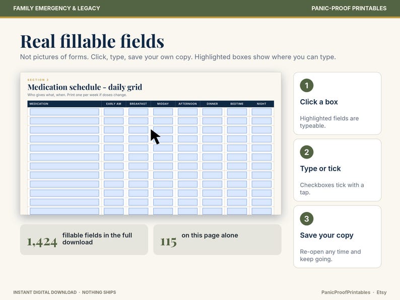 May include: A digital medication schedule daily grid form with fillable fields. The document features columns for medication and time slots including early am, breakfast, midday, afternoon, dinner, bedtime, and night. Text includes 1,424 fillable fields.