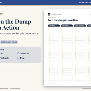 Puede incluir: Una p&aacute;gina de planificador digital titulada Turn the dump into action, con cuatro columnas verticales etiquetadas como Do now, Schedule, Ask / delegate y Drop. Cada columna contiene una lista de casillas de verificaci&oacute;n con l&iacute;neas.