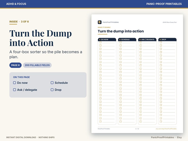 Puede incluir: Una p&aacute;gina de planificador digital titulada Turn the dump into action, con cuatro columnas verticales etiquetadas como Do now, Schedule, Ask / delegate y Drop. Cada columna contiene una lista de casillas de verificaci&oacute;n con l&iacute;neas.