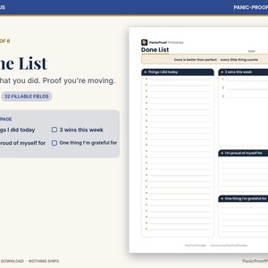 May include: A digital Done List planner page featuring sections for Things I did today, 3 wins this week, I'm proud of myself for, and One thing I'm grateful for. The header reads Done is better than perfect - every little thing counts.