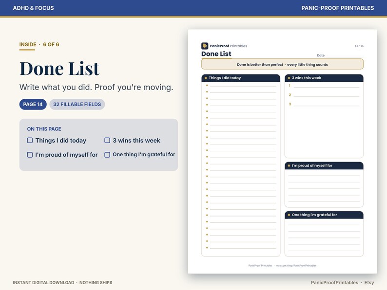 May include: A digital Done List planner page featuring sections for Things I did today, 3 wins this week, I'm proud of myself for, and One thing I'm grateful for. The header reads Done is better than perfect - every little thing counts.