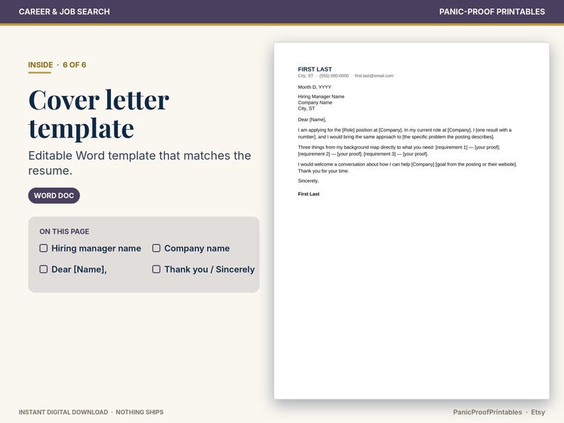 May include: A digital cover letter template in Word format, featuring a clean layout with placeholders for contact information, hiring manager details, and professional body text. The document includes sections for name, date, company, and closing salutations.