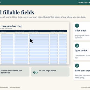 May include: A digital worksheet titled Call & correspondence log with fillable fields. The page features columns for date, creditor, contact, agreement, and follow-up. Instructions include click a box, type or tick, and save your copy.