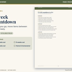 May include: A digital printable checklist titled 8-week countdown with sections for 8 weeks out, 6 weeks out, and 4 weeks out. The document features checkboxes for tasks related to moving, including booking movers, packing, and updating address information.