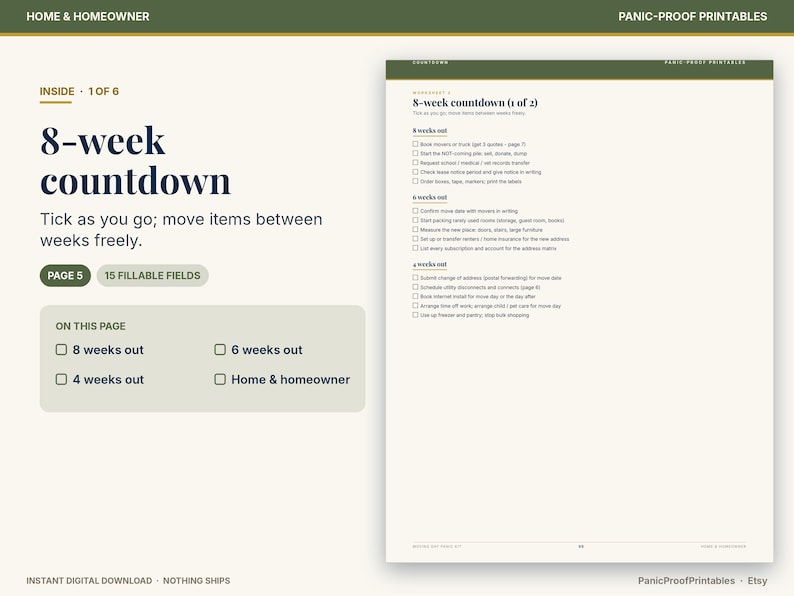 May include: A digital printable checklist titled 8-week countdown with sections for 8 weeks out, 6 weeks out, and 4 weeks out. The document features checkboxes for tasks related to moving, including booking movers, packing, and updating address information.