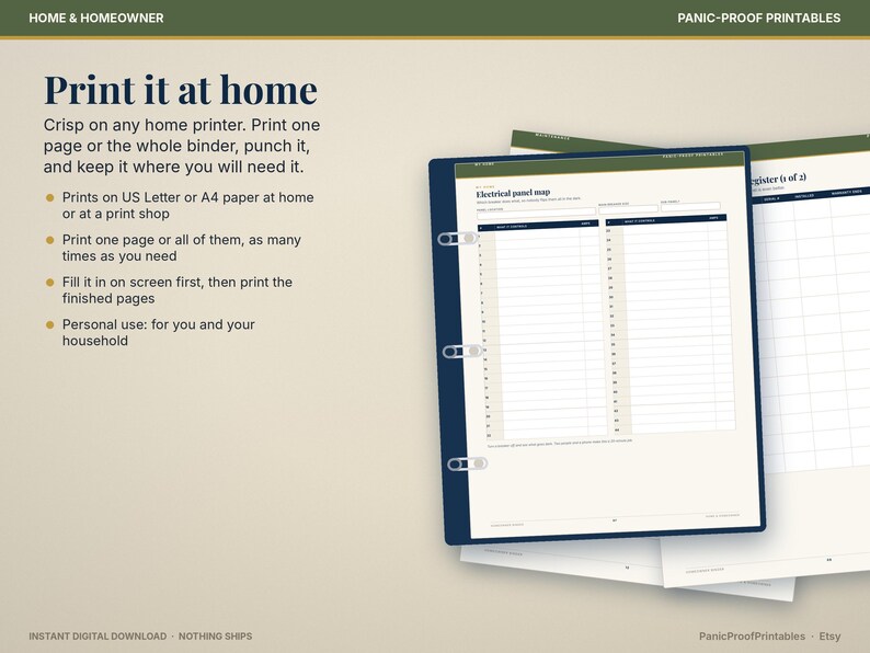May include: A digital printable home maintenance binder page titled Electrical panel map, featuring a grid for circuit details. The document is displayed in a dark blue three-ring binder, with additional pages visible behind it on a light background.