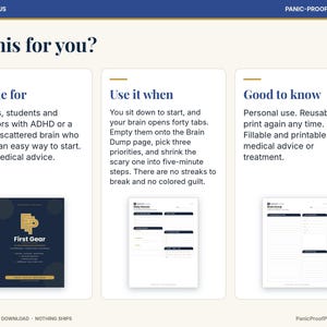 May include: A digital planner information sheet titled Is this for you? with three sections: Made for, Use it when, and Good to know. It features text about ADHD and focus, along with three small document previews including a First Gear cover page.