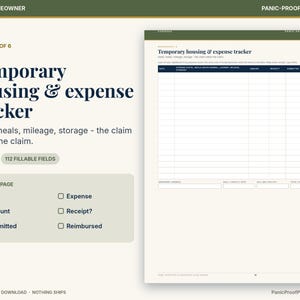 May include: A digital temporary housing and expense tracker worksheet featuring a dark blue table with columns for date, expense, amount, receipt, submitted, and reimbursed. The page includes 112 fillable fields for tracking hotel, meals, mileage, and storage costs.