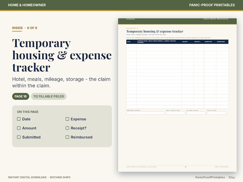 May include: A digital temporary housing and expense tracker worksheet featuring a dark blue table with columns for date, expense, amount, receipt, submitted, and reimbursed. The page includes 112 fillable fields for tracking hotel, meals, mileage, and storage costs.