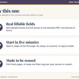 May include: A digital document titled Why this one, featuring three sections with checkmark icons. Text highlights 625 typeable fields, a five-minute start time, and reusability. The layout includes headers Career & Job Search and Panic-Proof Printables.