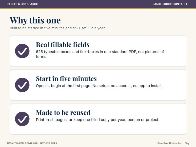 May include: A digital document titled Why this one, featuring three sections with checkmark icons. Text highlights 625 typeable fields, a five-minute start time, and reusability. The layout includes headers Career & Job Search and Panic-Proof Printables.