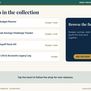 May include: A digital product collection page titled Also in the collection, listing a 2027 Budget Planner, 52-Week Savings Challenge Tracker, Debt Payoff Panic Kit, and Digital Life & Accounts Legacy Log, with a button to browse the full set.