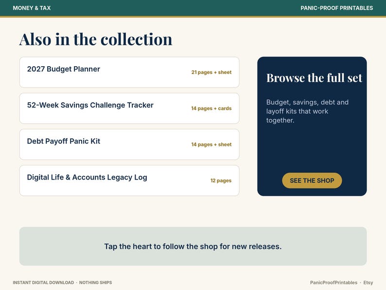 May include: A digital product collection page titled Also in the collection, listing a 2027 Budget Planner, 52-Week Savings Challenge Tracker, Debt Payoff Panic Kit, and Digital Life & Accounts Legacy Log, with a button to browse the full set.