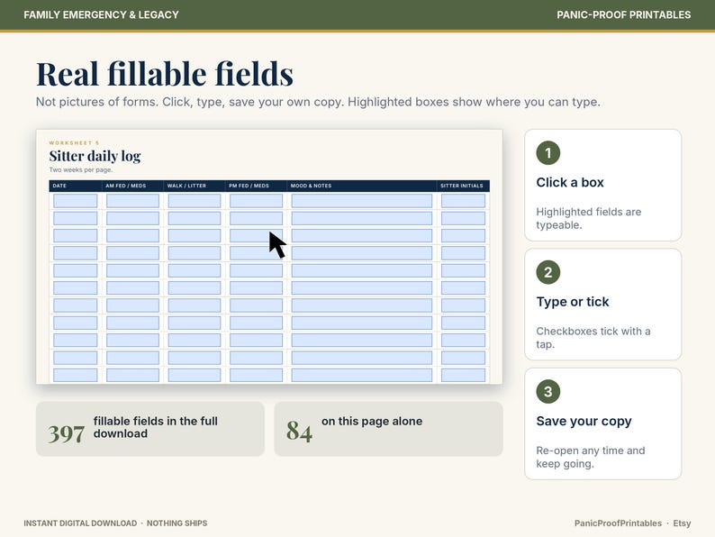 May include: A digital worksheet titled Sitter daily log with fillable fields for date, feeding, medication, walks, and notes. The layout includes instructions to click, type, and save, highlighting 397 total fields and 84 on this page.