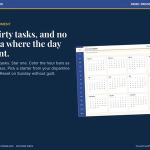 May include: A digital planner page titled 2025 at a glance with twelve monthly calendars. The dark blue background features text: ADHD & FOCUS, PANIC-PROOF PRINTABLES, THE MOMENT, Thirty tasks, and no idea where the day went.