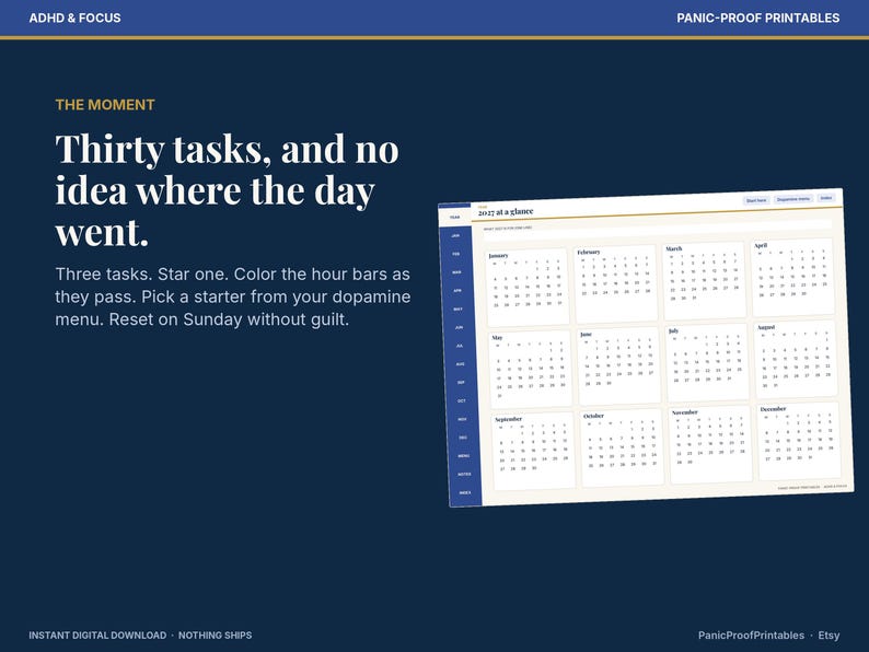 May include: A digital planner page titled 2025 at a glance with twelve monthly calendars. The dark blue background features text: ADHD & FOCUS, PANIC-PROOF PRINTABLES, THE MOMENT, Thirty tasks, and no idea where the day went.