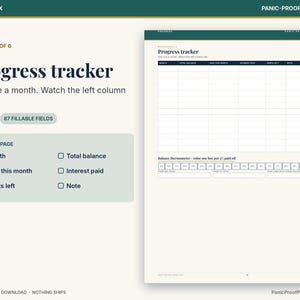 May include: A digital progress tracker worksheet with a dark green header and cream background. The page features a table with columns for month, total balance, paid this month, interest paid, debts left, and notes, plus a balance thermometer.