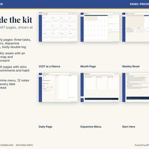 May include: A digital planner kit titled ADHD & Focus Panic-Proof Printables, featuring 447 pages including daily logs, weekly resets, month pages, and a dopamine menu. The layout displays six page previews with blue sidebars and white backgrounds.