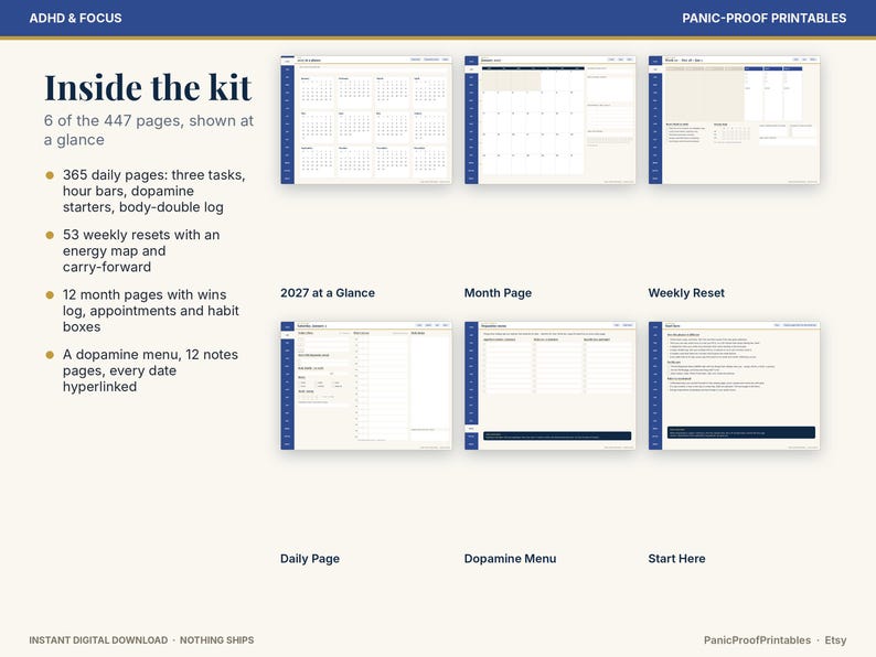 May include: A digital planner kit titled ADHD & Focus Panic-Proof Printables, featuring 447 pages including daily logs, weekly resets, month pages, and a dopamine menu. The layout displays six page previews with blue sidebars and white backgrounds.