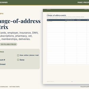 May include: A printable change-of-address matrix worksheet featuring a table with columns for who, how, account number, done, and confirmed. The document includes 120 fillable fields to track updates for banks, cards, insurance, and deliveries.