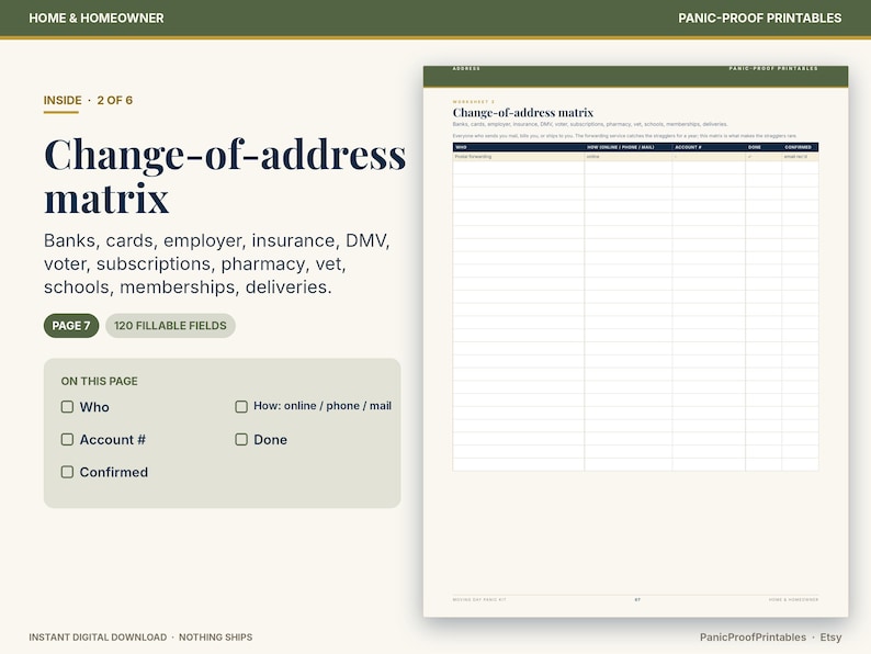 May include: A printable change-of-address matrix worksheet featuring a table with columns for who, how, account number, done, and confirmed. The document includes 120 fillable fields to track updates for banks, cards, insurance, and deliveries.